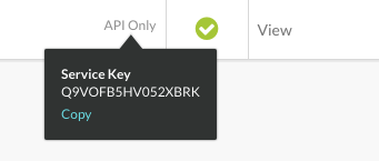 Popup showing service key when hovering over API Only label.